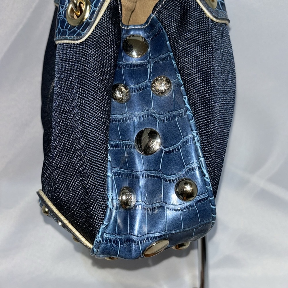 Kathy Van Zeeland Navy Canvas Faux Croc Double Strap Satchel Shoulder Bag Y2K - Picture 3 of 15